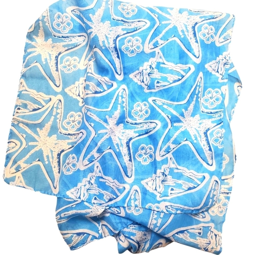Coastal Blue and White Starfish Scarf. 56" x 13"